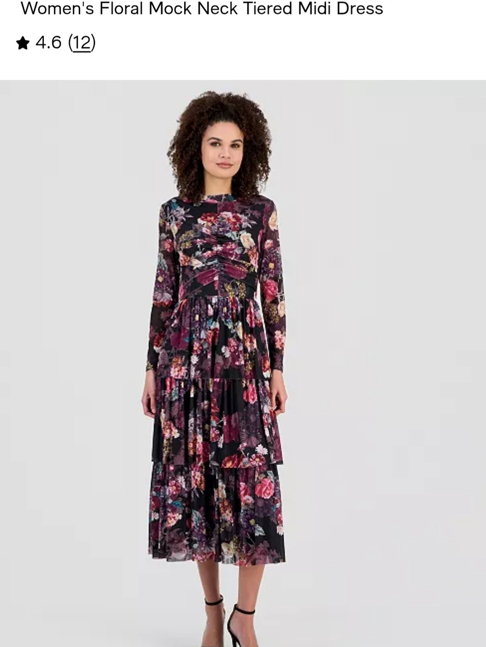 Anne Klein Floral Mock Neck Tiered Midi Dress - Black Multi